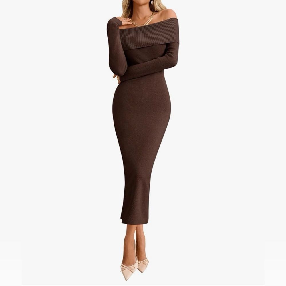 Wenrine Off The Shoulder Bodycon Sweater Dress Coffee Brown L NWT